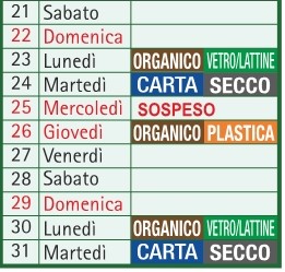 Calendario raccolta rifiuti festività natalizie